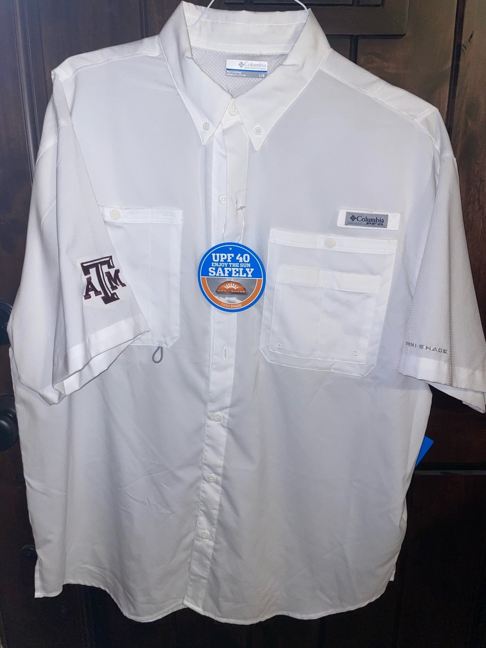 Columbia White Short-Sleeve Performance Button-Down with Texas A&M Logo- Size L